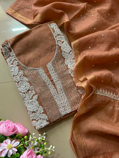 
Reshmi women's brown mul Chanderi handwork kurta and dupatta unstitched suit featuring intricate handcrafted detailing and elegant traditional craftsmanship for timeless ethnic wear by Hayat's Lucknowi.
