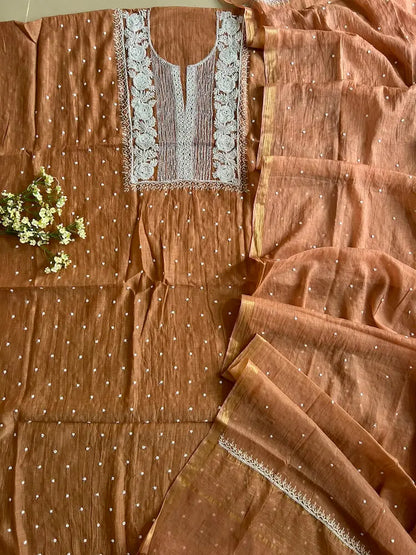 Reshmi women's brown mul Chanderi handwork kurta and dupatta unstitched suit featuring intricate handcrafted detailing and elegant traditional craftsmanship for timeless ethnic wear by Hayat's Lucknowi.
