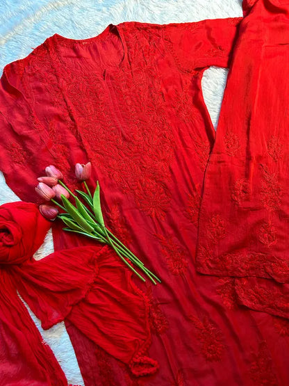 Red muslin chikankari suit set by Hayat’s Lucknowi