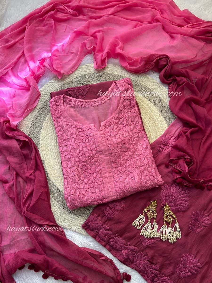 Wine muslin suit set with chikankari embroidery by Hayat’s Lucknowi