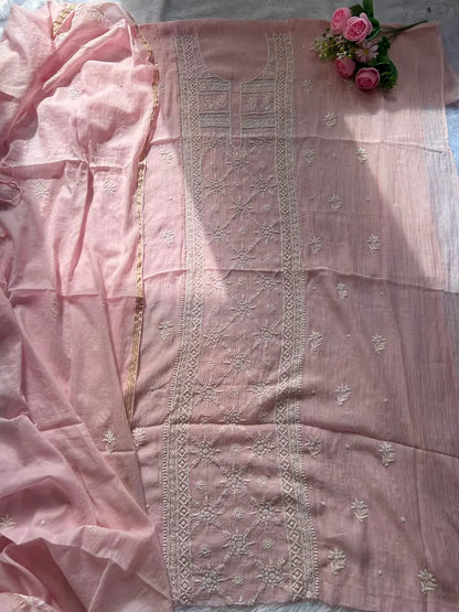 
Roohi women's pink mul Chanderi handwork kurta and dupatta unstitched suit featuring intricate handcrafted detailing and elegant traditional craftsmanship for graceful ethnic wear by Hayat's Lucknowi.
