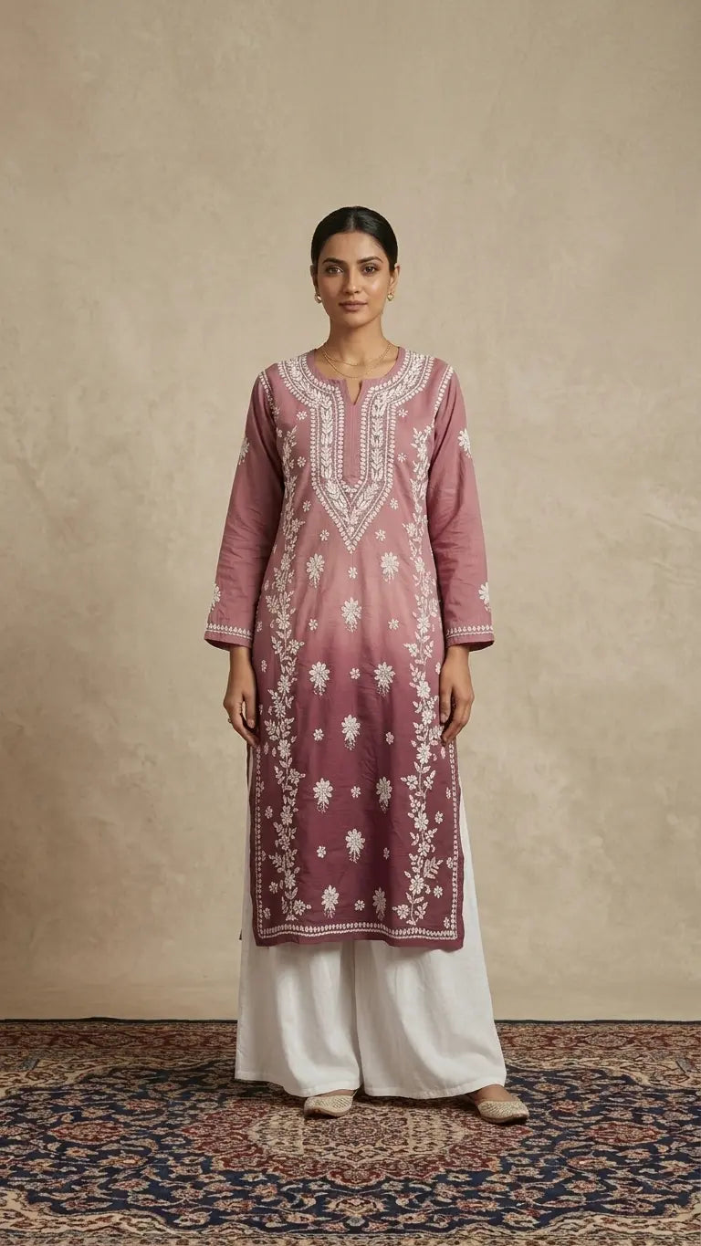 
Rose brown Chanderi Lucknowi chikankari kurta crafted with intricate hand embroidery and elegant traditional detailing for timeless ethnic wear by Hayat's Lucknowi
