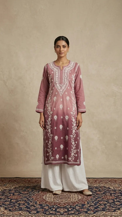 
Rose brown Chanderi Lucknowi chikankari kurta crafted with intricate hand embroidery and elegant traditional detailing for timeless ethnic wear by Hayat's Lucknowi
