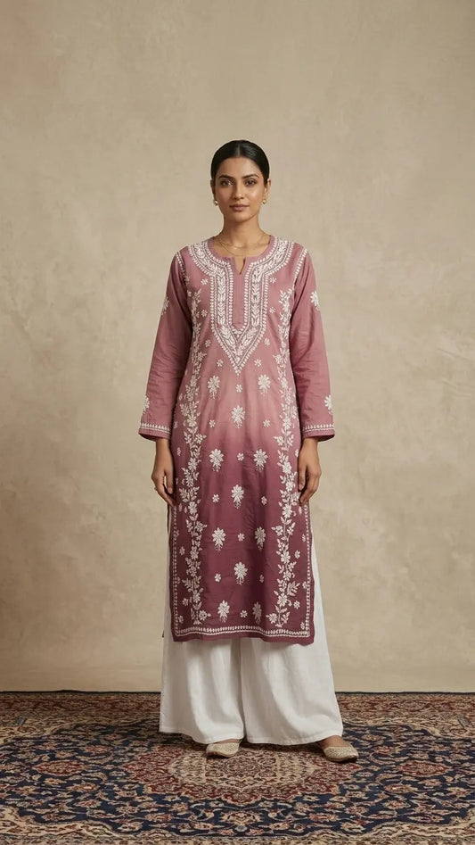 
Rose brown Chanderi Lucknowi chikankari kurta crafted with intricate hand embroidery and elegant traditional detailing for timeless ethnic wear by Hayat's Lucknowi
