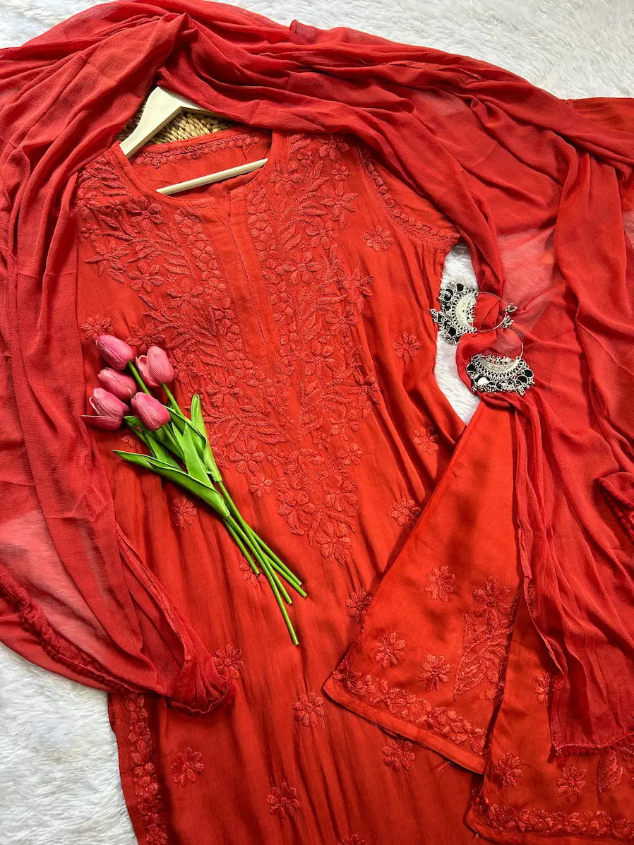 Rust brown rayon kurta set with Lucknowi chikankari embroidery by Hayat’s Lucknowi