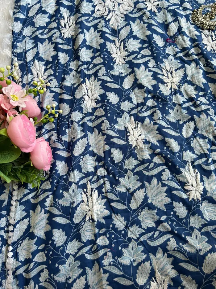Saaz Blue Noodle Strap Mul Mul Kurta featuring delicate Chikankari embroidery on lightweight, soft and breathable Mul Mul cotton fabric for an elegant and effortless ethnic look by Hayat’s Lucknowi.
