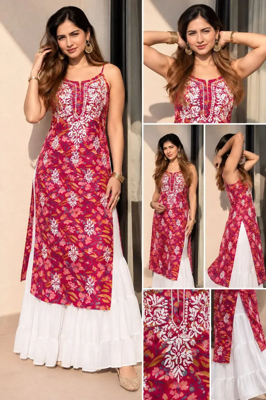 Saaz Deep Pink Noodle Strap Mul Mul Kurta featuring delicate Chikankari embroidery on lightweight, soft and breathable Mul Mul cotton fabric for an elegant and effortless ethnic look by Hayat’s Lucknowi.
