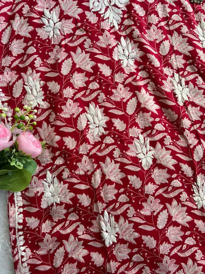 Saaz Red Noodle Strap Mul Mul Kurta featuring delicate Chikankari embroidery on lightweight, soft and breathable Mul Mul cotton fabric for an elegant and effortless ethnic look by Hayat’s Lucknowi.
