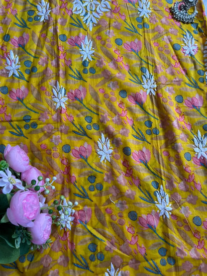 Saaz Yellow Noodle Strap Mul Mul Kurta featuring delicate Chikankari embroidery on lightweight, soft and breathable Mul Mul cotton fabric for an elegant and effortless ethnic look by Hayat’s Lucknowi.
