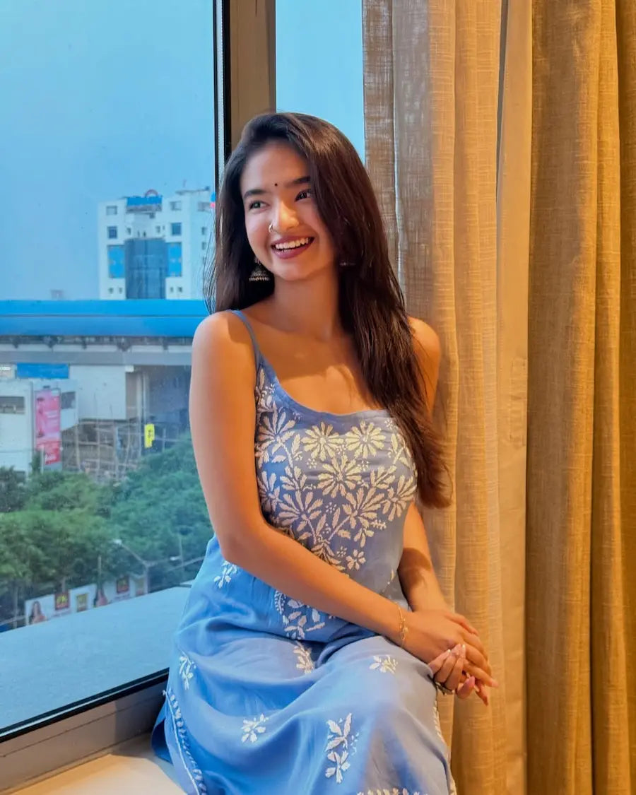 Blue noodle strap long kurti with chikankari embroidery by Hayat’s Lucknowi