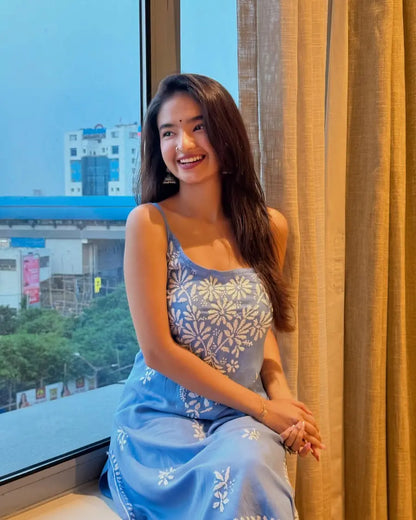 Blue noodle strap long kurti with chikankari embroidery by Hayat’s Lucknowi