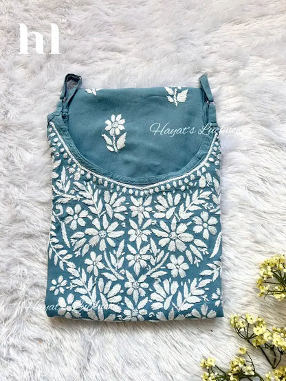 Blue noodle strap long kurti top with chikankari embroidery by Hayat’s Lucknowi