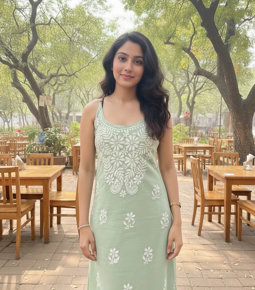 Green noodle strap long kurti with chikankari embroidery by Hayat’s Lucknowi