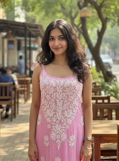 Pink noodle strap long kurti with chikankari embroidery by Hayat’s Lucknowi
