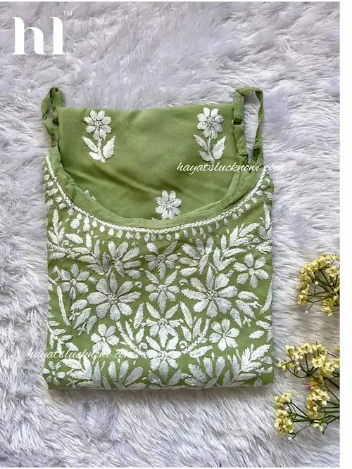 Light Green noodle strap long kurti with chikankari embroidery by Hayat’s Lucknowi
