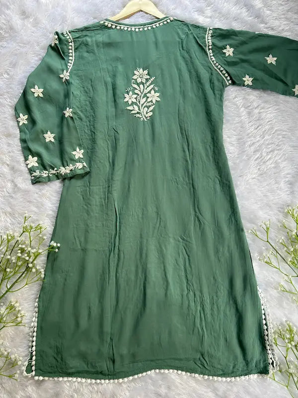 Sage green modal co-ord with Lucknowi chikankari embroidery by Hayat’s Lucknowi