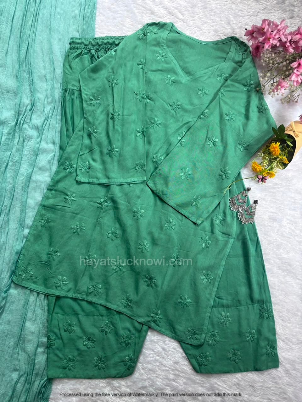 

Sage Green Rayon Chikankari Farshi Set featuring intricate hand embroidery on soft rayon fabric for a graceful traditional and festive look by Hayat’s Lucknowi.
