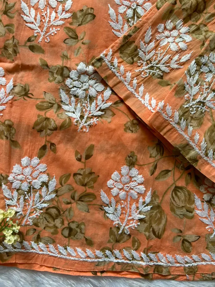 
Sana peach green mul mul Lucknowi chikankari kurta set featuring delicate hand embroidery and soft breathable fabric for elegant everyday and festive ethnic wear by Hayat's Lucknowi.
