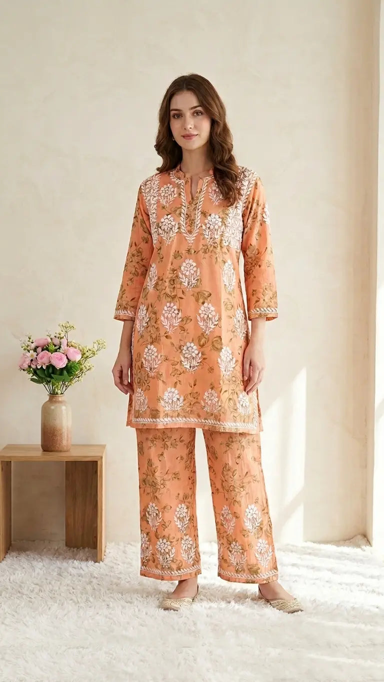 
Sana peach green mul mul Lucknowi chikankari kurta set featuring delicate hand embroidery and soft breathable fabric for elegant everyday and festive ethnic wear by Hayat's Lucknowi.
