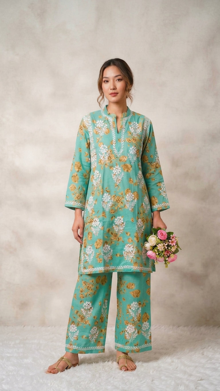 
Sana sea green mul mul Lucknowi chikankari kurta set featuring delicate hand embroidery and soft breathable fabric for fresh, elegant everyday and festive ethnic wear by Hayat's Lucknowi.
