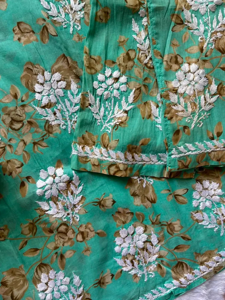 
Sana sea green mul mul Lucknowi chikankari kurta set featuring delicate hand embroidery and soft breathable fabric for fresh, elegant everyday and festive ethnic wear by Hayat's Lucknowi.
