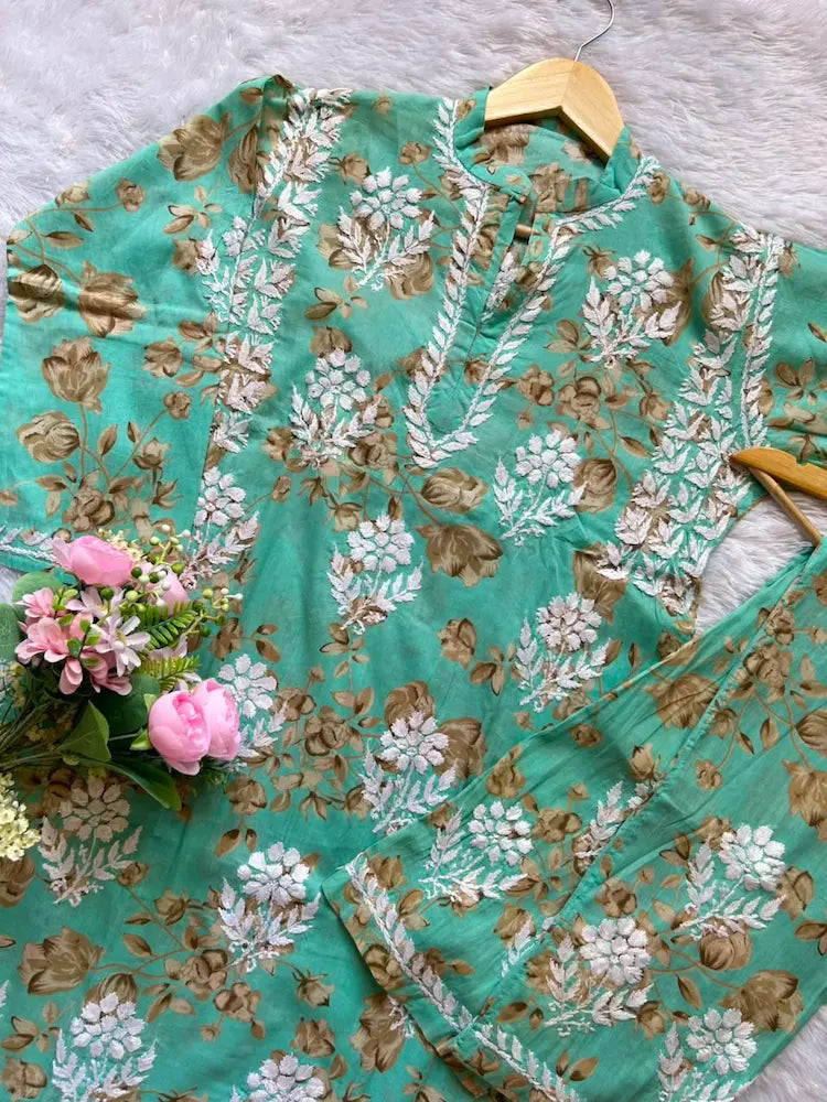 
Sana sea green mul mul Lucknowi chikankari kurta set featuring delicate hand embroidery and soft breathable fabric for fresh, elegant everyday and festive ethnic wear by Hayat's Lucknowi.
