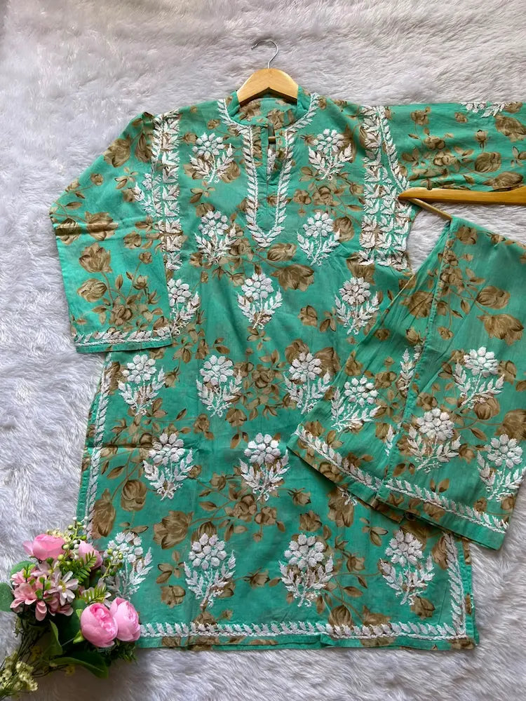 
Sana sea green mul mul Lucknowi chikankari kurta set featuring delicate hand embroidery and soft breathable fabric for fresh, elegant everyday and festive ethnic wear by Hayat's Lucknowi.
