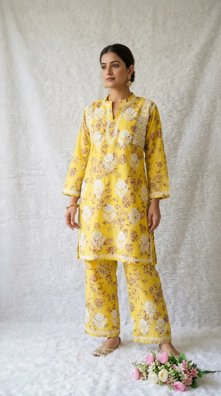 
Sana yellow mul mul Lucknowi chikankari kurta set featuring delicate hand embroidery and soft breathable fabric for bright, elegant everyday and festive ethnic wear by Hayat's Lucknowi.

