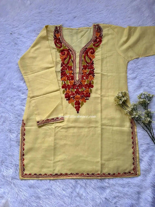 cream Kashmiri short top with embroidery details by Hayat’s Lucknowi