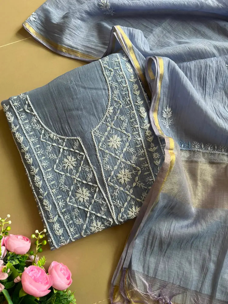 Shabnam Blue Mul Chanderi Chikankari Unstitched Suit with Pearl and Cutdana Work by Hayat's Lucknowi
