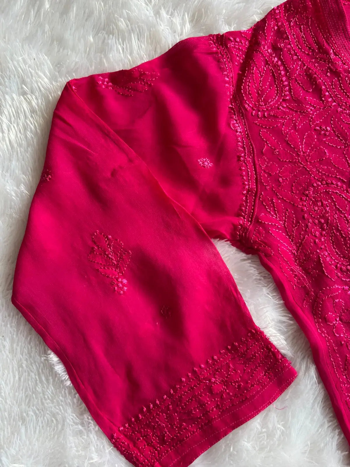 Sheeza pink viscose georgette Lucknowi Chikankari kurta set featuring intricate handcrafted Chikankari embroidery on lightweight, flowy viscose georgette fabric for elegant festive and ethnic wear by Hayat's Lucknowi.
