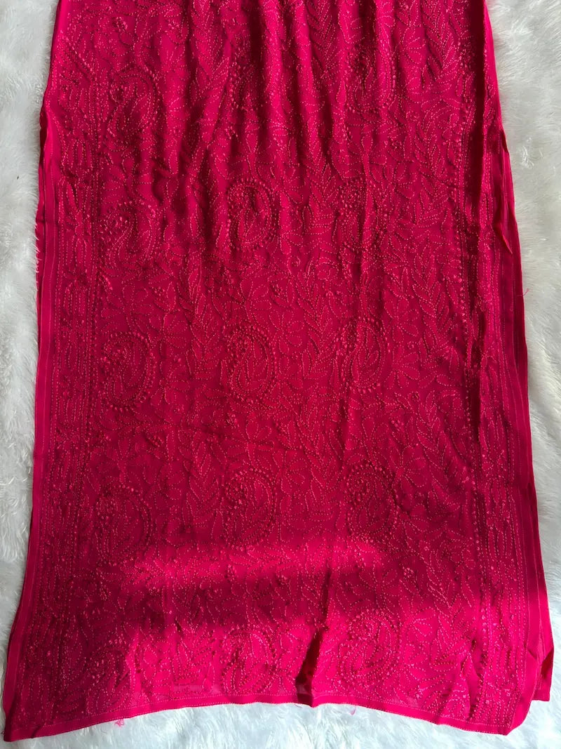 Sheeza pink viscose georgette Lucknowi Chikankari kurta set featuring intricate handcrafted Chikankari embroidery on lightweight, flowy viscose georgette fabric for elegant festive and ethnic wear by Hayat's Lucknowi.
