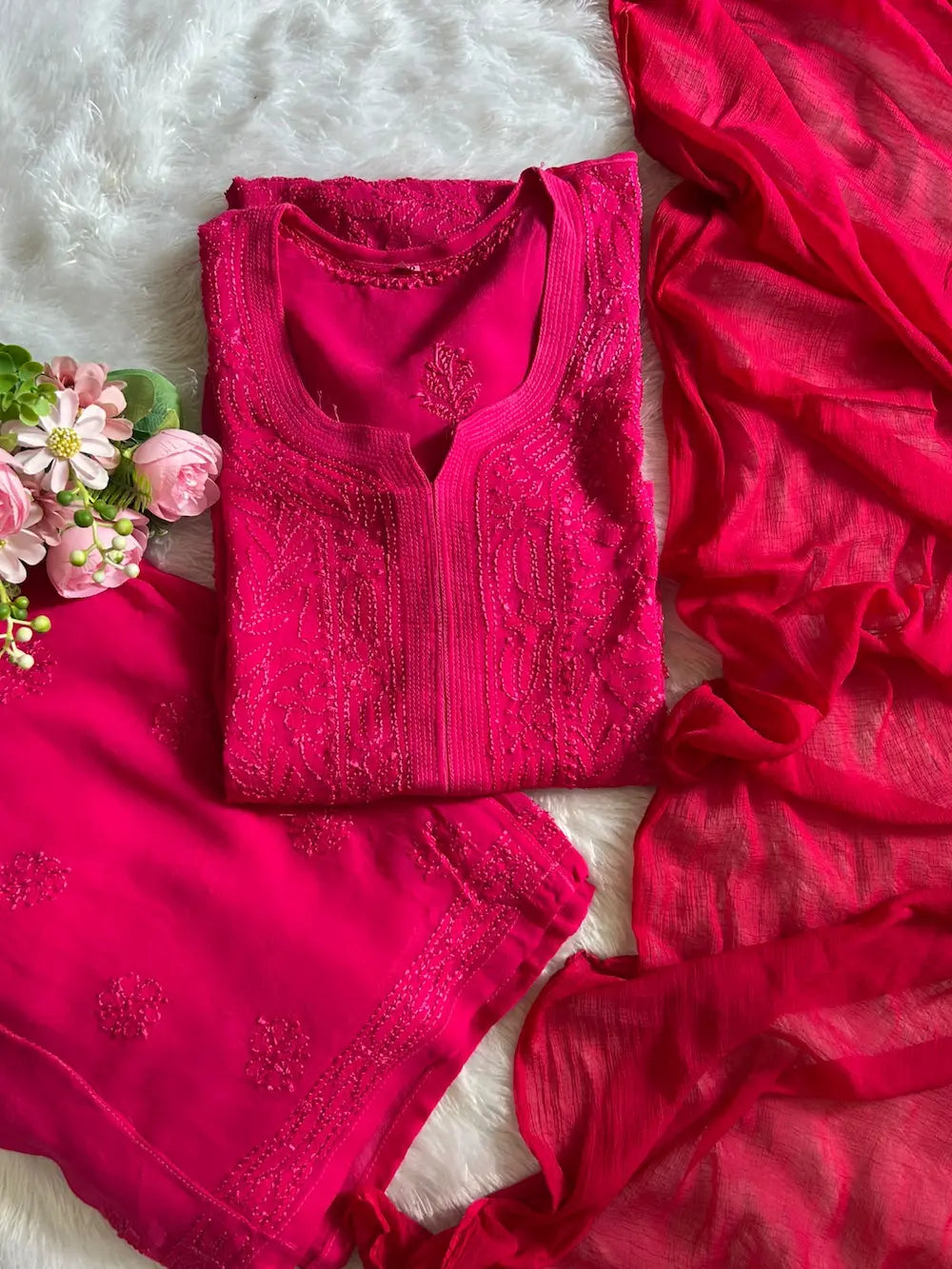 Sheeza pink viscose georgette Lucknowi Chikankari kurta set featuring intricate handcrafted Chikankari embroidery on lightweight, flowy viscose georgette fabric for elegant festive and ethnic wear by Hayat's Lucknowi.
