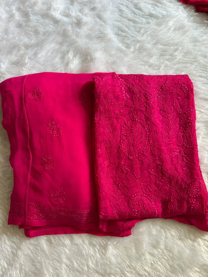 Sheeza pink viscose georgette Lucknowi Chikankari kurta set featuring intricate handcrafted Chikankari embroidery on lightweight, flowy viscose georgette fabric for elegant festive and ethnic wear by Hayat's Lucknowi.

