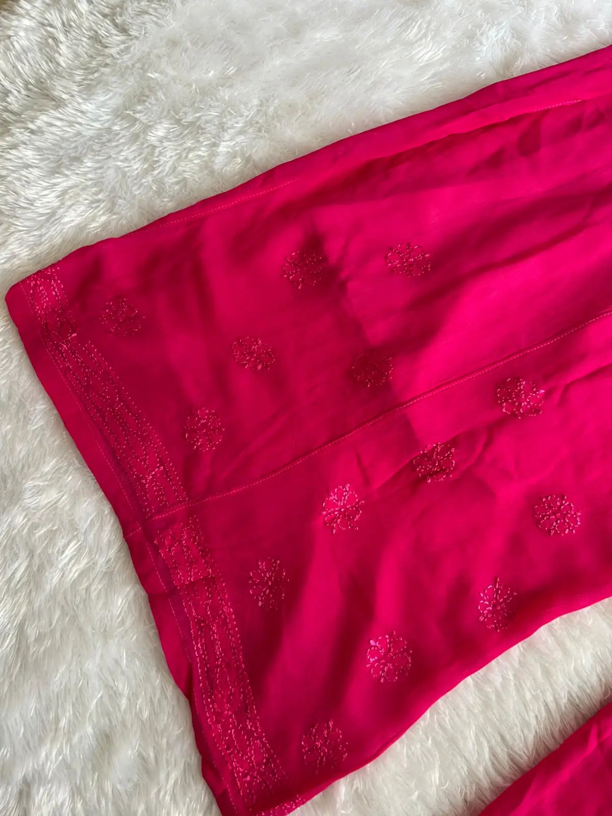 Sheeza pink viscose georgette Lucknowi Chikankari kurta set featuring intricate handcrafted Chikankari embroidery on lightweight, flowy viscose georgette fabric for elegant festive and ethnic wear by Hayat's Lucknowi.
