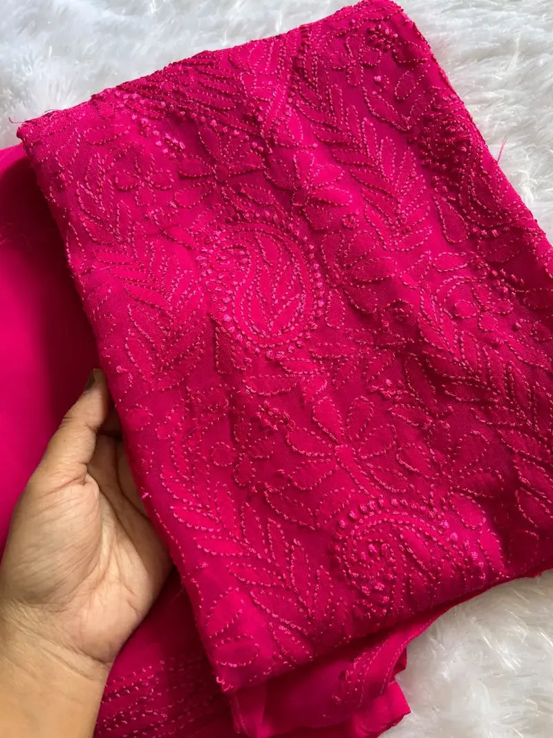 Sheeza pink viscose georgette Lucknowi Chikankari kurta set featuring intricate handcrafted Chikankari embroidery on lightweight, flowy viscose georgette fabric for elegant festive and ethnic wear by Hayat's Lucknowi.
