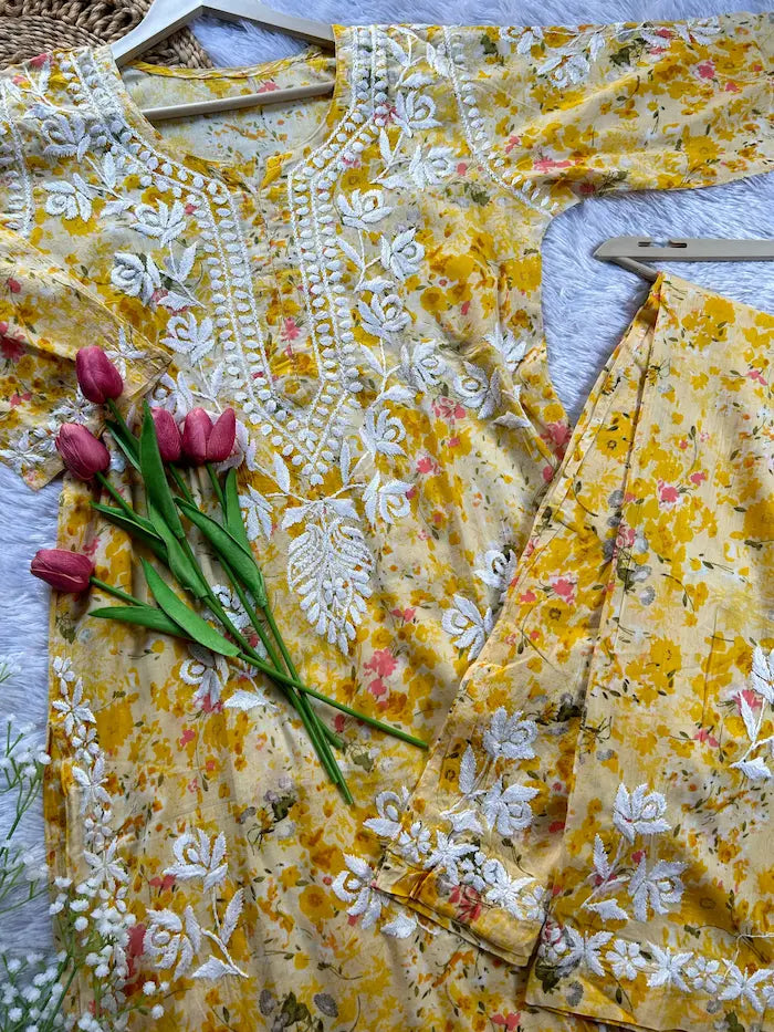Yellow mul mul kurta set with printed chikankari embroidery by Hayat’s Lucknowi
