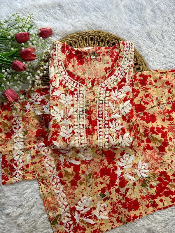 Red mul mul kurta set with printed chikankari embroidery by Hayat’s Lucknowi