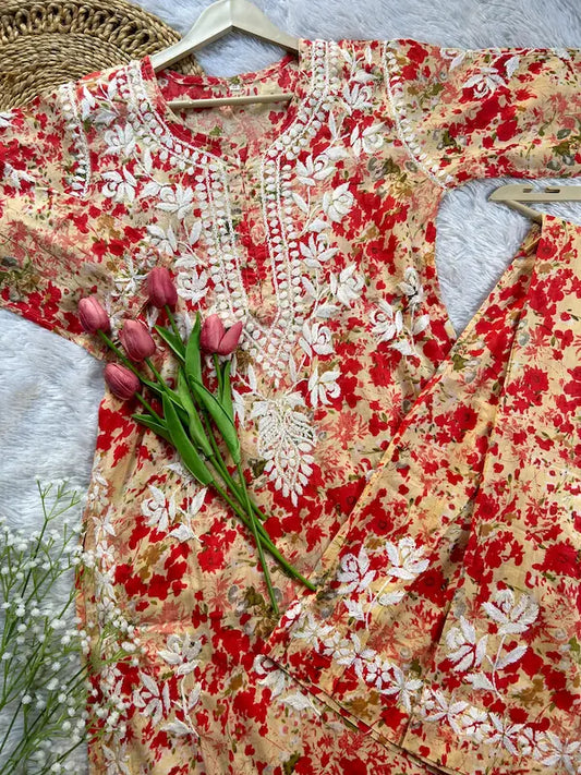 Red mul mul kurta set with printed chikankari embroidery by Hayat’s Lucknowi