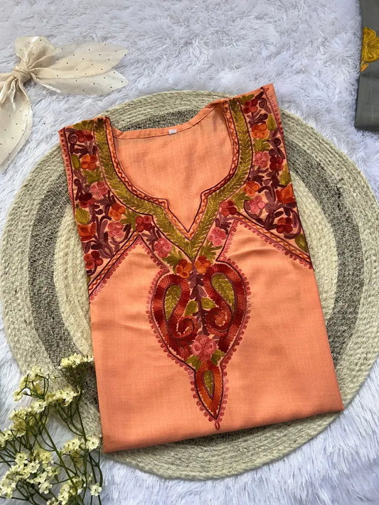 Peach Kashmiri Short Kurta with Multi Work Embroidery