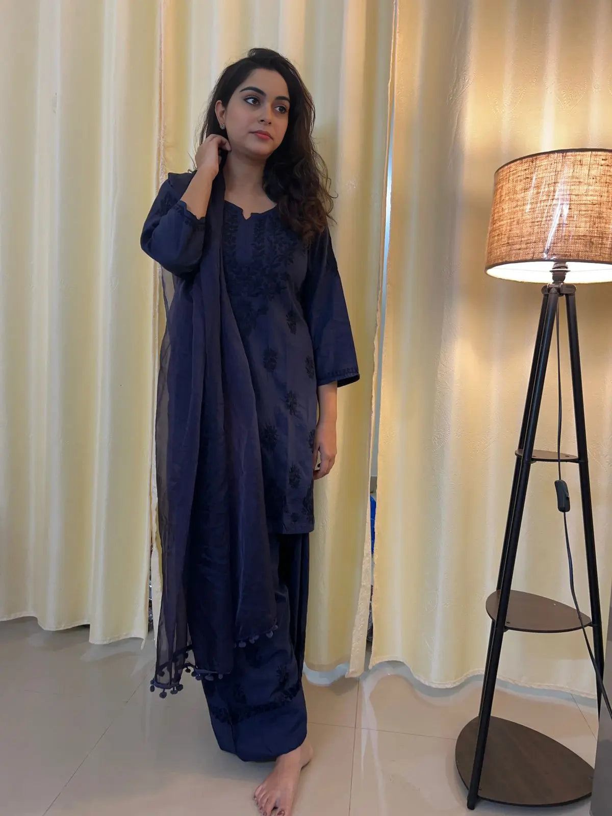 Navy chikankari farshi shalwar suit set with traditional embroidery by Hayat’s Lucknowi