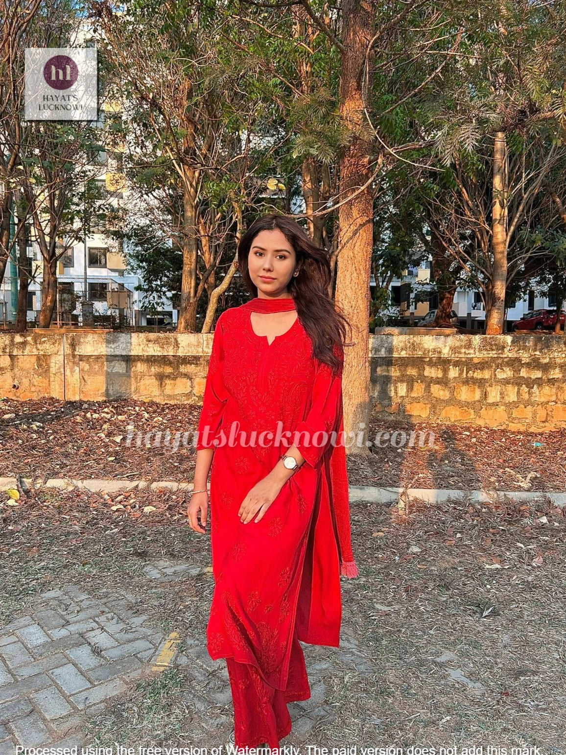 Zeenat red rayon chikankari set
