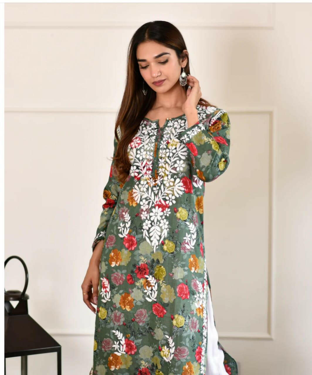 Green Mul Mul Chikankari Kurta - Hayat&