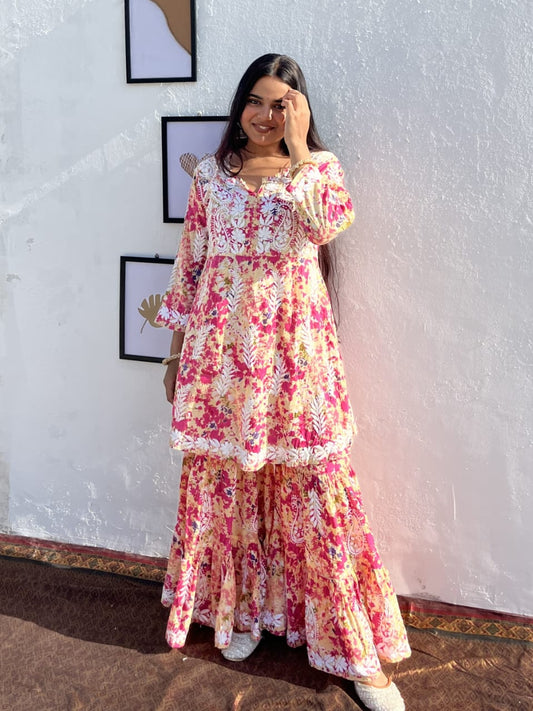 Humera Pink Mul Mul Chikankari Garara Set