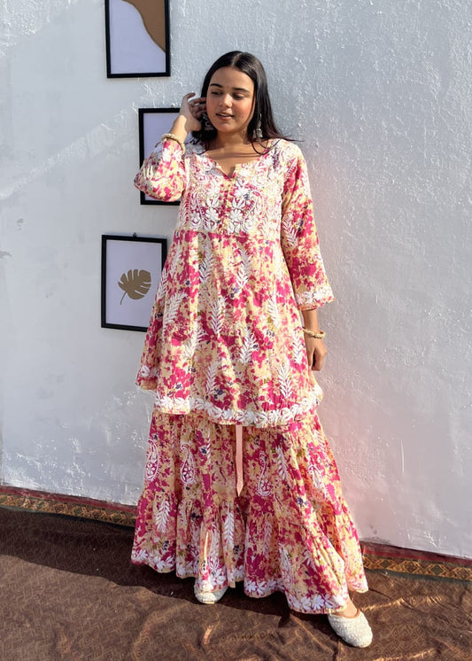 Humera Pink Mul Mul Chikankari Garara Set