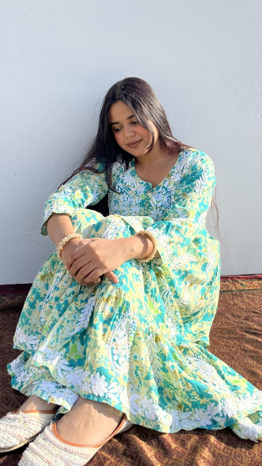 Humera Green Mul Mul Chikankari Garara Set