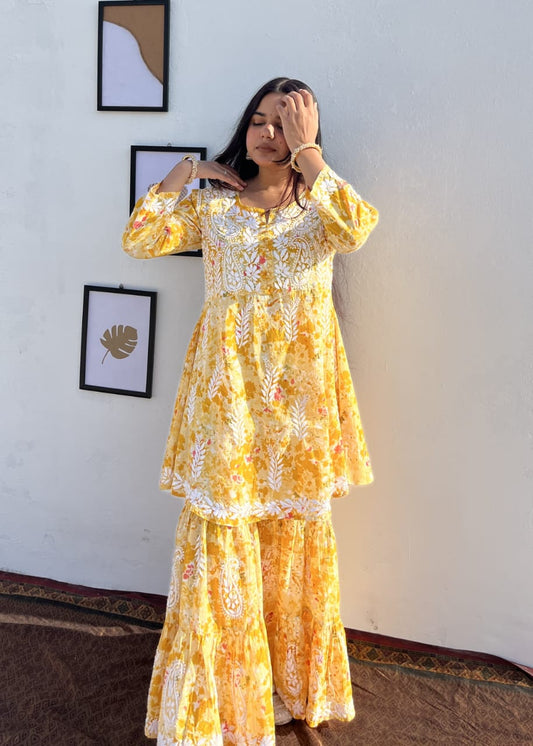 Humera Yellow Mul Mul Chikankari Garara Set