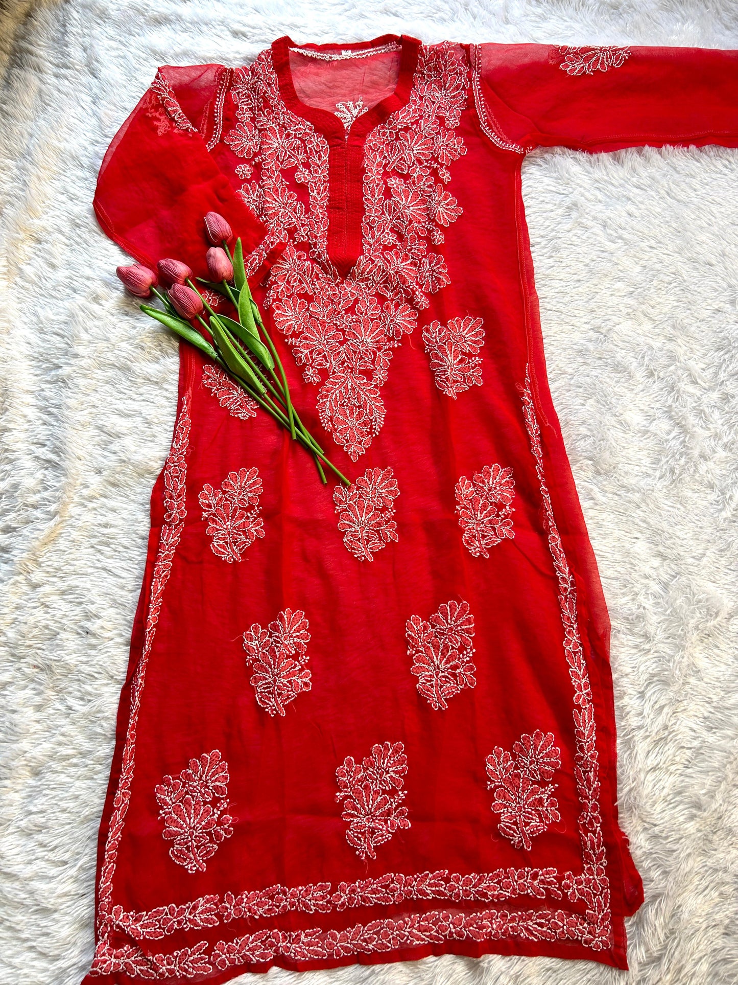 Ayena Red Georgette Chikankari Kurti