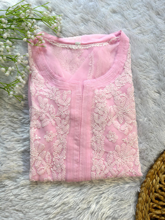 Ayena Baby Pink Georgette Chikankari Kurti