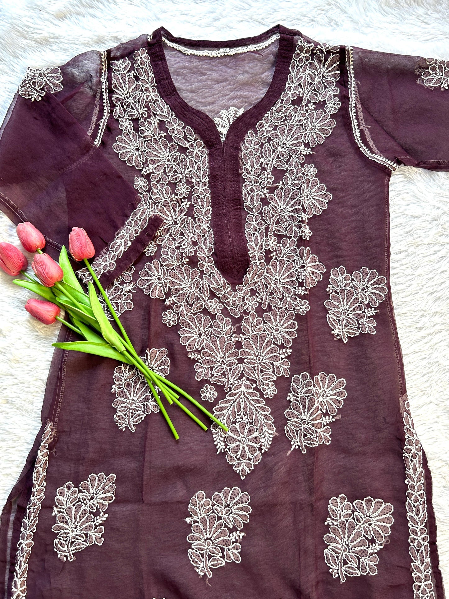 Ayena Wine Georgette Chikankari Kurti